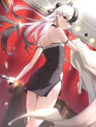  1girl absurdres bare_legs black_dress black_hair blue_archive closed_mouth dress dutch_angle floating_hair from_behind frown gun handgun highres holding holding_gun holding_weapon horns kayoko_(blue_archive) kinoyama_(0202) long_hair looking_at_viewer multicolored_hair red_eyes short_dress side_slit sleeveless sleeveless_dress solo standing strap_slip two-tone_hair weapon white_hair 