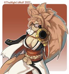  1girl absurdres amputee baiken big_hair breasts cleavage clenched_teeth eyepatch facial_tattoo forehead_tattoo guilty_gear guilty_gear_strive gun highres one-eyed pointing pointing_at_viewer ponytail samurai scar scar_across_eye scar_on_face tattoo teeth thenightswolf weapon  rating:Sensitive score:2 user:TheNightsWolf