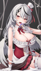  1girl bare_shoulders breasts cleavage grey_hair hat hololive large_breasts multicolored_hair open_mouth red_eyes sakamata_chloe smile solo streaked_hair tousaki_(tousakiworks)  rating:Sensitive score:3 user:victusr34