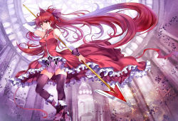  1girl black_thighhighs boots bow breasts detached_sleeves dress hair_bow holding long_hair long_sleeves looking_at_viewer mahou_shoujo_madoka_magica medium_breasts pico_(picollector79) pink_skirt polearm ponytail red_dress red_eyes red_footwear red_hair sakura_kyoko skirt sleeveless sleeveless_dress spear thighhighs weapon 