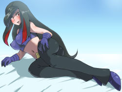  00s 1girl ass black_hair blush boris_(noborhys) breasts creatures_(company) elbow_gloves female_focus frontier_brain game_freak gloves image_sample large_breasts looking_at_viewer lucy_(pokemon) midriff multicolored_hair navel nintendo open_mouth pixiv_sample pokemon pokemon_rse red_eyes red_hair solo two-tone_hair  rating:Questionable score:71 user:dick76
