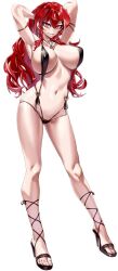  1girl arm_strap armpits arms_behind_head arms_up breasts cleavage earrings feet full_body hair_between_eyes heart heart_earrings heart_necklace highleg highleg_swimsuit highres inner_sideboob jewelry large_breasts long_hair mary_landrott navel necklace official_art red_eyes red_hair sandals sideboob skindentation slingshot_swimsuit stomach swimsuit tensei_colosseum:_saijaku_skill_de_saikyou_no_onna-tachi_wo_kouryaku_shite_dorei_harem_tsukurimasu thighs toes zunta 