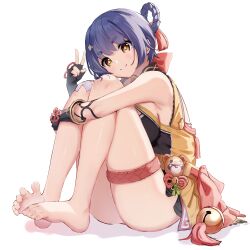  1girl absurdres armpit_peek bandaid bandaid_on_knee bandaid_on_leg bare_shoulders barefoot black_gloves blue_hair blush braided_hair_rings breasts china_dress chinese_clothes closed_mouth coin_hair_ornament dress fingerless_gloves full_body genshin_impact gloves hair_ornament hair_rings hairclip highres hugging_own_legs looking_at_viewer medium_breasts sazanka short_hair sideboob simple_background smile soles solo thighs toes v xiangling_(genshin_impact) yellow_eyes  rating:Sensitive score:33 user:danbooru