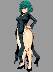  1girl absurdres amazon_(taitaitaira) black_dress black_footwear breasts covered_erect_nipples covered_navel curly_hair dress full_body green_eyes green_hair grey_background high_heels highres one-punch_man short_hair simple_background solo tatsumaki 