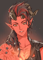  1girl asymmetrical_horns baldur&#039;s_gate baldur&#039;s_gate_3 black_hair broken_horn brown_background chest_harness collarbone colored_skin curled_horns demon_girl demon_horns dungeons_&amp;_dragons harness highres horns karlach looking_at_viewer medium_hair multicolored_hair parted_lips pointy_ears portrait red_skin simple_background slit_pupils smile solo streaked_hair tiefling two-tone_hair uneven_horns wild5lee yellow_eyes 