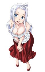 1girl :d bare_shoulders blue_eyes breasts cleavage collarbone fairy_tail female_focus frills full_body hands_on_own_knees large_breasts leaning_forward long_hair long_skirt looking_at_viewer mashima_hiro mirajane_strauss official_art open_mouth scrunchie shiny_clothes silver_hair skirt smile solo strapless topknot wrist_scrunchie rating:Sensitive score:103 user:danbooru