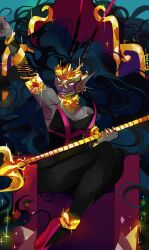  1girl black_bodysuit black_hair bodysuit breasts fins head_fins her_imperious_condescension highres homestuck large_breasts long_hair polearm solo trident troll_(homestuck) very_long_hair weapon yosaun 