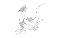  all_fours animal_ears animal_focus commentary_request concept_art covered_face fantasy from_side full_body greyscale harness matajirou_(matagiro) monochrome monster no_humans original profile saddle simple_background sketch standing tail talons white_background 