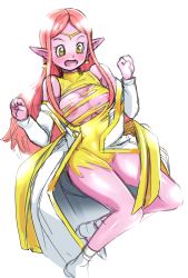  10s 1girl :o aged_up areola_slip blush breasts chronoa circlet colored_skin commentary_request dragon_ball dragon_ball_heroes dragon_ball_xenoverse earrings female_focus highres jewelry large_breasts long_hair pink_hair pink_skin pointy_ears pomeranianko potara_earrings shiny_skin solo supreme_kai_of_time torn_clothes yellow_eyes 