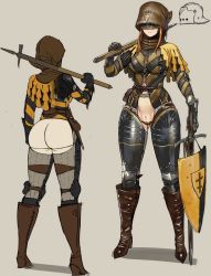  1girl armor armored_gloves ass belt belt_pouch boots breasts brown_hair cape chainmail chausses cleft_of_venus covered_face cross cuisses dagger expressionless female_knight female_pubic_hair from_behind full_armor full_body gambeson gauntlets greaves helmet high_heels holding holding_weapon hood knee_boots knife knight large_breasts leather leather_armor leather_belt leather_boots leg_armor lowleg lowleg_panties multiple_views nisetanaka original over_shoulder panties poleyn pouch pubic_hair pussy sallet shadow shield simple_background solo standing sword underwear warhammer weapon weapon_over_shoulder  rating:Explicit score:94 user:jbnp5