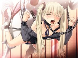  1girl bdsm belly_riding bestiality black_collar blonde_hair blush bondage bound breasts carousel censored chain closed_eyes collar cuffs female_focus game_cg horse hound_-juuyoku_no_baishuusha- leash loli long_hair mosaic_censoring nipples olivia_porttown open_clothes open_mouth open_shirt pussy_juice rape sakurajima_saromako screaming scrunchie shackles shirt slave small_breasts small_nipples socks solo spreader_bar suspension sweat tears torn_clothes tsurumiku twintails  rating:Explicit score:516 user:oyo