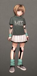  1girl ahoge android bad_id bad_twitter_id brown_hair expressionless full_body grey_background grey_eyes highres joints looking_to_the_side loose_socks original robot_joints rustle shoes short_hair short_sleeves skirt sneakers socks solo 