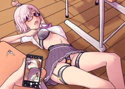  1girl 1other ahoge blush breasts cellphone chastity_belt chastity_bra clothes_lift desk fate/grand_order fate_(series) glasses holding holding_phone humiliation key lattetrouble lifting_own_clothes lock looking_at_viewer lying mash_kyrielight medium_breasts on_floor phone pink_hair pov purple_eyes sailor_collar school school_desk school_uniform serafuku shirt shirt_lift skirt smartphone taking_picture teeth thigh_bands upper_teeth_only  rating:Questionable score:129 user:qa9832xr