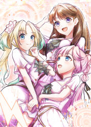  3girls :d absurdres ahoge anyoji_hime aqua_hair arm_up ascot black_ribbon blonde_hair blue_eyes blunt_bangs blush breasts brown_hair closed_mouth commentary_request dream_believers_(love_live!) dress flower fujishima_megumi gradient_hair green_ascot hair_flower hair_ornament hair_ribbon hand_on_own_chin highres lightning_bolt_symbol link!_like!_love_live! long_hair looking_at_another looking_at_viewer love_live! medium_breasts mira-cra_park! multi-tied_hair multicolored_hair multiple_girls okanda open_mouth orange_background osawa_rurino parted_bangs pink_dress pink_flower pink_hair ponytail purple_eyes ribbon sidelocks smile split_mouth swept_bangs teeth twintails two_side_up upper_teeth_only virtual_youtuber 