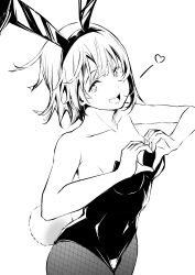  1girl absurdres animal_ears breasts collarbone commentary_request fake_animal_ears fishnet_thighhighs fishnets greyscale hairband heart heart_hands highres leotard looking_at_viewer love_live! love_live!_nijigasaki_high_school_idol_club monochrome nakasu_kasumi open_mouth playboy_bunny rabbit_tail short_hair small_breasts solo standing strapless tail thighhighs tommer upper_body white_background 