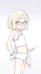  1girl absurdres black-framed_eyewear blonde_hair blue_hair camisole commentary dove_pixie female_focus flat_chest food glasses gradient_background grey_background halo highres holding holding_food holding_popsicle loli looking_at_viewer midriff multicolored_hair navel open_mouth original panties pointy_ears popsicle short_hair solo standing two-tone_hair underwear white_camisole white_panties white_wings wings yellow_eyes yellow_halo  rating:Questionable score:51 user:danbooru