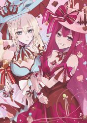  2girls aomattya baobhan_sith_(fate) baobhan_sith_(valentine_witches)_(fate) bare_shoulders blue_dress blue_eyes blue_hat braid breasts chocolate cleavage cleavage_cutout clothing_cutout collar detached_collar dress fate/grand_order fate_(series) french_braid grey_eyes hat highres holding holding_another&#039;s_arm holding_wand long_hair looking_at_viewer morgan_le_fay_(fate) morgan_le_fay_(valentine_witches)_(fate) mother_and_daughter multiple_girls pink_dress pink_hair pink_hat pointy_ears sidelocks smile spiked_collar spikes valentine wand white_hair witch_hat wrist_cuffs 
