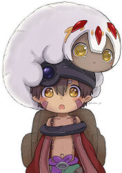  1boy 1girl :o auchu_jin bag bodypaint brown_hair cape chibi child collarbone dark-skinned_female dark_skin extra_arms faputa furry green_shorts hair_between_eyes helmet highres light_blush looking_at_viewer made_in_abyss multicolored_clothes multicolored_shorts navel orange_eyes pointy_ears purple_shorts red_cape regu_(made_in_abyss) robot shorts topless_male v-shaped_eyebrows white_background white_fur white_hair 