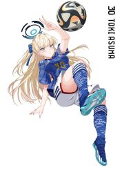  1girl aqua_footwear ball blonde_hair blue_archive blue_bow blue_eyes blue_halo blue_shirt blue_socks blush bow breasts character_name closed_mouth full_body hair_bow halo highres large_breasts long_hair looking_at_viewer rynn_(darknescorez) second-party_source shirt shoes short_sleeves shorts simple_background sneakers soccer_ball soccer_uniform socks solo sportswear toki_(blue_archive) v white_background white_shorts 