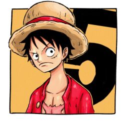  1boy black_hair buttons closed_mouth hat highres looking_to_the_side male_focus monkey_d._luffy numbered one_piece open_clothes open_shirt red_shirt scar scar_on_chest scar_on_face sherumaru_(korcht06) shirt short_hair solo straw_hat upper_body yellow_background 