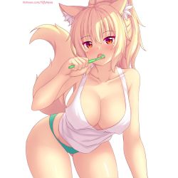 1girl animal_ear_fluff animal_ears blonde_hair blue_panties blush breasts brushing_teeth cat_ears cat_tail cleavage collarbone gluteal_fold highres large_breasts leaning_forward long_hair looking_at_viewer no_pants nottytiffy open_mouth original panties patreon_username ponytail red_eyes slit_pupils solo tail tank_top tiffy_(nottytiffy) toothbrush toothpaste underwear watermark web_address white_background rating:Sensitive score:107 user:danbooru