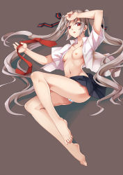  1girl barefoot blue_panties breasts brown_hair feet full_body huazang long_hair looking_at_viewer navel necktie nipples no_bra open_clothes open_shirt original panties red_eyes red_necktie ribbon shirt simple_background small_breasts solo striped_clothes striped_panties toes twintails underwear unworn_necktie  rating:Questionable score:19 user:danbooru