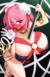  1girl areola_slip bandaged_arm bandages between_breasts bikini black_background black_bikini breasts bun_cover cleavage commission dancer double_bun hair_bun handjob_gesture harem_outfit huge_breasts ibaraki_kasen looking_at_viewer mouth_veil muchin_jousha open_mouth pink_hair pole pole_dancing red_eyes short_hair skeb_commission solo swimsuit touhou variant_set veil 