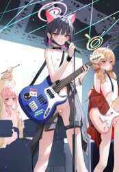  3girls absurdres ahoge animal_ears bare_shoulders bass_guitar black_hair blonde_hair blue_archive blue_eyes blush breasts censored choker cleft_of_venus closed_mouth clothes_around_waist colored_inner_animal_ears colored_inner_hair drum drum_set drumsticks electric_guitar exhibitionism extra_ears flat_chest guitar hair_ornament halo highres holding holding_drumsticks holding_guitar holding_instrument instrument jacket jacket_around_waist kazusa_(band)_(blue_archive) kazusa_(blue_archive) long_hair long_sleeves looking_at_viewer low_twintails mask mask_pull microphone mouth_mask multicolored_hair multiple_girls music naked_jacket natsu_(band)_(blue_archive) natsu_(blue_archive) nipples official_alternate_costume open_clothes open_jacket open_mouth paid_reward_available pink_eyes pink_hair playing_instrument public_indecency pussy pussy_juice ribbon shirt short_hair skirt smile standing thigh_strap twintails very_long_hair xiao_lin_jiu yoshimi_(band)_(blue_archive) yoshimi_(blue_archive) 