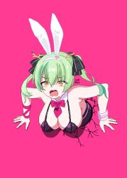  1girl absurdres animal_ears antlers artist_name bare_shoulders bow bowtie breasts ceres_fauna cleavage crack detached_collar fake_animal_ears green_hair heart highres hololive hololive_english horns large_breasts leopxl leotard looking_down open_mouth parody pink_background pink_bow pink_bowtie pixel_art rabbit_ears rabbit_hole_(vocaloid) shiny_skin sweatdrop twintails virtual_youtuber wavy_mouth wrist_cuffs yellow_eyes 
