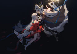  2girls absurdres arknights bare_shoulders black_dress black_footwear closed_mouth dress empty_eyes expressionless hat highres light_smile long_hair looking_at_another multiple_girls official_alternate_costume red_dress red_eyes siyu_csy skadi_(arknights) skadi_the_corrupting_heart_(arknights) specter_(arknights) specter_the_unchained_(arknights) underwater very_long_hair white_footwear white_hair 