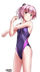 1girl artist_name blue_eyes competition_swimsuit covered_navel cowboy_shot dated hair_ribbon highres kantai_collection looking_at_viewer one-piece_swimsuit pink_hair ponytail purple_one-piece_swimsuit ribbon shiranui_(kancolle) shiranui_kai_ni_(kancolle) short_hair simple_background solo stretching striped_clothes striped_one-piece_swimsuit swimsuit tsuchimiya white_background white_ribbon rating:Questionable score:24 user:danbooru