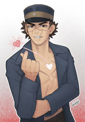  1boy absurdres brown_eyes brown_hair facial_scar finger_heart golden_kamuy hat heart highres imperial_japanese_army male_focus military_hat renpinart scar scar_on_cheek scar_on_chest scar_on_face scar_on_nose smile solo spiked_hair sugimoto_saichi  rating:General score:1 user:renpinart