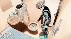  1boy animated animated_gif bathroom bathtub blonde_hair cleaning cyborg from_above genos indoors male_focus one-punch_man solo standing toilet  rating:Questionable score:8 user:twilight_jester