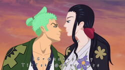  1boy 1girl artist_name black_eyes black_hair blue_eyes closed_mouth commentary english_commentary evening eye_contact face-to-face green_hair highres jacket jacket_on_shoulders japanese_clothes kimono long_hair looking_at_another low_ponytail nico_robin one_piece outdoors ponytail red_ribbon ribbon roronoa_zoro short_hair smile topknot zakupanny  rating:General score:3 user:danbooru