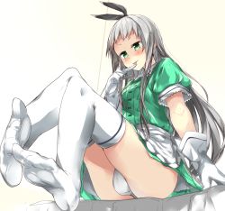  1boy blend_s bulge feet green_eyes headband highres kanzaki_hideri looking_down male_focus silver_hair solo thighhighs tongue tongue_out trap white_thighhighs  rating:Sensitive score:56 user:Sachikong