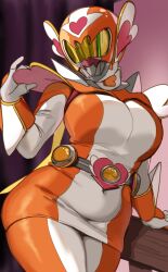  1girl arm_support belt breasts character_request cleavage covered_navel cowboy_shot dress gloves gradient_background heart helmet highres ibaliger_girl large_breasts leaning_to_the_side lightsource orange_dress orange_helmet pink_background plump purple_background skin_tight solo super_sentai thick_thighs thighs two-tone_dress white_gloves  rating:Sensitive score:11 user:danbooru
