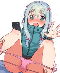  10s 1girl :o bare_legs barefoot blue_eyes blush bow bow_panties cellphone convenient_censoring dutch_angle embarrassed eromanga_sensei flying_sweatdrops foreshortening hair_bow holding holding_phone ichihaya izumi_sagiri jacket knees_up long_hair long_sleeves looking_at_viewer no_pants nose_blush open_mouth outstretched_arm outstretched_hand panties panties_around_ankles panty_pull phone pink_panties side-tie_panties sidelocks silver_hair sitting smartphone solo spread_legs sweat thighs underwear white_background  rating:Questionable score:52 user:danbooru