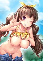 1girl ;d ajishio amanogawa_kirara blush breasts brown_hair cleavage collarbone earrings eyebrows go!_princess_precure gradient_background grin groin hair_ribbon hand_on_own_chest highres jewelry large_breasts long_hair looking_at_viewer navel nipples one_eye_closed open_mouth outdoors panties panty_pull precure purple_eyes ribbon smile solo star_(symbol) star_earrings underwear undressing w rating:Questionable score:120 user:danbooru