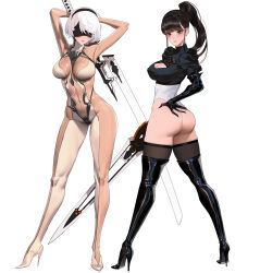  2b_(nier:automata) 2b_(nier:automata)_(cosplay) absurdres ass black_hair blindfold bodysuit boots breasts brown_bodysuit cleavage cosplay crossover eve_(stellar_blade) eve_(stellar_blade)_(cosplay) high_heels highres impossible_bodysuit impossible_clothes leotard nier:automata nier_(series) see-through_bodysuit skin_suit_(stellar_blade) skin_tight standing stellar_blade sword thigh_boots thighhighs thighhighs_under_boots trait_connection two-tone_bodysuit weapon white_hair wonbin_lee 