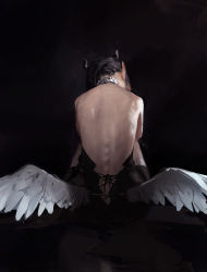 1girl back back_focus backless_outfit bare_back black_background black_hair dino_(dinoartforame) facing_away from_behind highres hololive hololive_english low_wings ninomae_ina&#039;nis sitting solo virtual_youtuber white_wings wings rating:Sensitive score:38 user:danbooru