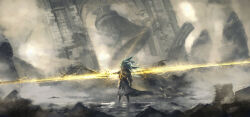  1boy architecture armor bell bell_tower commentary_request crown dark_souls_(series) dark_souls_iii double-sided_polearm electricity facing_viewer faulds floating_hair full_body gauntlets glowing glowing_weapon highres holding holding_polearm holding_weapon huge_weapon koromoya lightning long_hair looking_at_viewer nameless_king polearm rain rubble solo spear standing weapon 