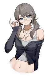  1girl adjusting_eyewear blue_eyes blue_nails brown_hair closed_mouth collarbone expressionless fingernails glasses hair_between_eyes hand_on_eyewear highres jewelry kimura_731 long_hair looking_at_viewer low_twintails nail_polish navel necklace off_shoulder original sidelocks simple_background solo stomach twintails upper_body white_background 