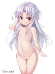  1girl arm_up flat_chest groin len loli long_hair melty_blood musouzuki navel nipples nude pointy_ears pussy ribbon silver_hair smile solo tsukihime white_len  rating:Explicit score:77 user:danbooru
