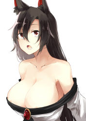 1girl animal_ears areola_slip bare_shoulders black_hair breasts cleavage collarbone comic deetamu fangs hair_between_eyes highres imaizumi_kagerou large_breasts long_hair open_mouth parted_bangs red_eyes simple_background solo touhou upper_body white_background wolf_ears rating:Questionable score:29 user:danbooru