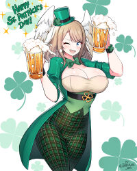  1girl ;d absurdres asymmetrical_bangs beer_mug bow bowtie breast_tattoo breasts cleavage clover coat cowboy_shot cup eunie_(xenoblade) four-leaf_clover green_bow green_bowtie green_coat green_hat hat head_wings high-waist_pants highres jarckius large_breasts mini_hat mini_top_hat mug one_eye_closed open_mouth pants saint_patrick&#039;s_day smile solo tailcoat tattoo top_hat waistcoat waitress white_background wings xenoblade_chronicles_(series) xenoblade_chronicles_3 
