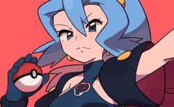  1girl black_cape blue_bodysuit blue_gloves blue_hair bodysuit cape clair_(pokemon) closed_mouth commentary_request creatures_(company) earrings eyelashes frown game_freak gloves grey_eyes hair_between_eyes hand_up holding holding_poke_ball jewelry long_hair nintendo outstretched_arm pink_background poke_ball poke_ball_(basic) pokemon pokemon_gsc simple_background solo split_mouth tyako_089 