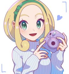 1girl :d blonde_hair bow_hairband camera commentary creatures_(company) game_freak green_eyes green_hairband hairband heart highres holding holding_camera looking_at_viewer nintendo omochi_(omotimotittona3) open_mouth pokemon pokemon_xy short_hair sleeves_past_wrists smile solo striped_clothes striped_sweater sweater symbol-only_commentary turtleneck turtleneck_sweater upper_body viewfinder viola_(pokemon) white_background 