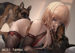  1girl all_fours animal ass azur_lane bare_shoulders bestiality bismarck_(azur_lane) blonde_hair blue_eyes breasts cleavage commission dog elbow_gloves french_kiss gloves highres kiss kissing_animal large_breasts long_hair looking_down open_mouth polki sex thighhighs tongue tongue_out watermark web_address  rating:Explicit score:238 user:danbooru