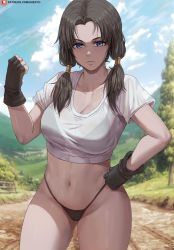  1girl black_panties blouse blue_eyes bra_visible_through_clothes breasts cleavage collarbone dragon_ball dragonball_z fingerless_gloves gloves hand_on_own_hip highres long_hair looking_at_viewer medium_breasts navel panties see-through shexyo shirt solo thighs thong twintails underwear videl white_shirt  rating:Questionable score:305 user:danbooru
