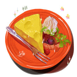  absurdres food food_focus fork fruit highres no_humans original pie pie_slice plate sparkle takisou_sou whipped_cream 